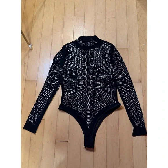 Rhinestone Mesh Bodysuit Black Long Sleeve Mock Neck Studded Crystal Top Large - Picture 2 of 5